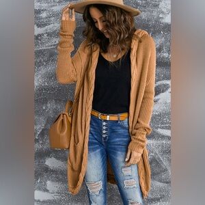Cable-Knit Open Front Hooded Cardigan Brown
